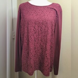 VanHeusen Womens Maroon Lace Front Long Sleeves XL Shirt/Blouse